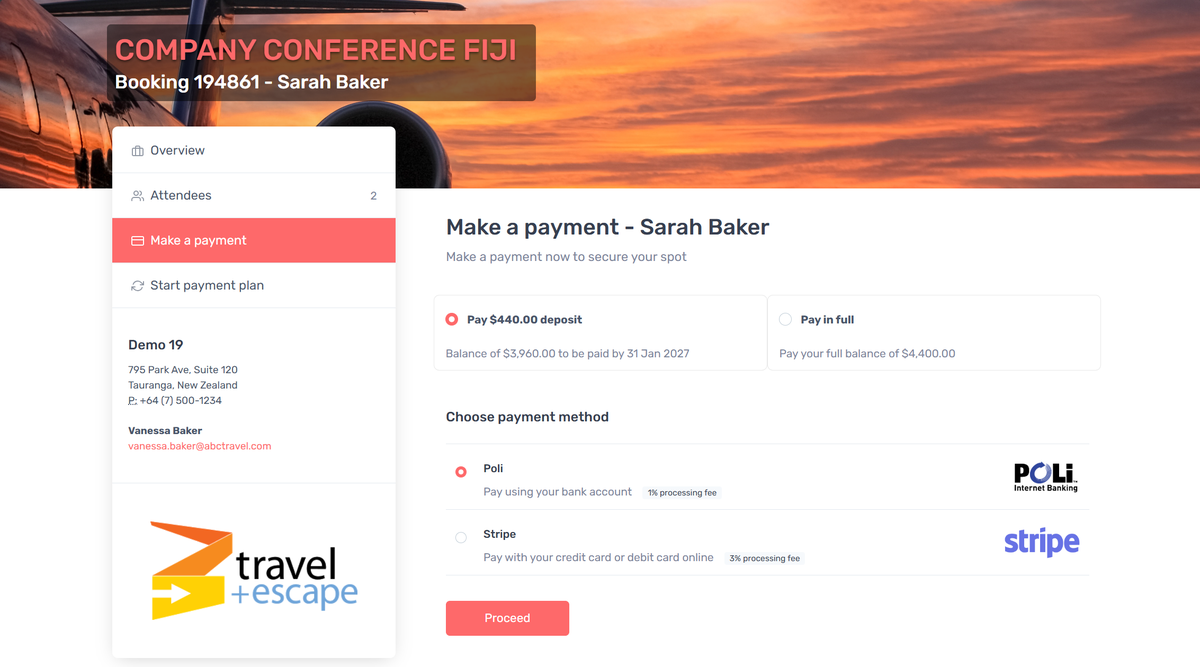 The new Intellibook customer portal, showing a booking's payment page with options to pay a deposit or pay in full and a choice of payment methods.