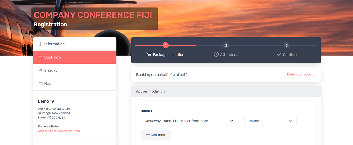 The new Intellibook registration site, showing a branded event page with a three-step booking form: package selection, attendees and confirm.